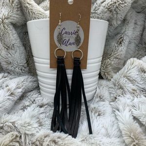 Genuine leather black fringe earring